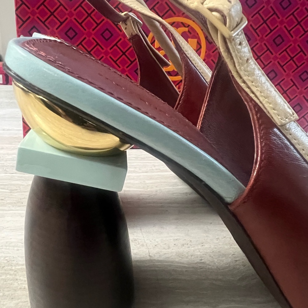 Tory Burch Leather & Suede Marquetry Peep-toe sandal - Red, Mint & Tan Heels - Picture 4 of 7